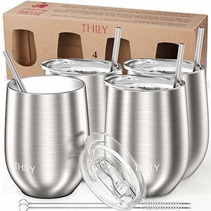 Thily Metal Insulated Stemless Wine Glasses And Wine Tumbler With Lid And Straw